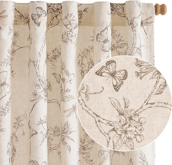 Lazzzy Charlotte Taupe Floral Curtains 84 Inch Length Linen Farmhouse Back Tab Drapes for Living Room Bedroom Light Filtering Vintage Rod Pocket, 2 Panels, Taupe on Beige