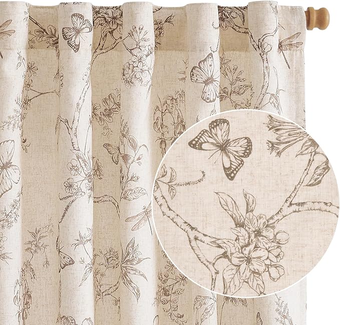 Lazzzy Charlotte Lined Linen Farmhouse Taupe Floral Curtains 63 Inch Length Back Tab Drapes for Living Room Bedroom Light Filtering Country Vintage Rod Pocket, 2 Panels, Taupe on Beige