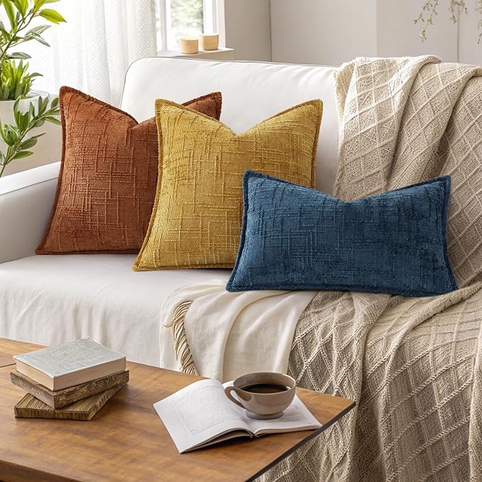 decorUhome Chenille Decorative Throw Pillow Covers 12x20 Set of 2,Rust | Soft Texture, Slubby Modern Design, Flange Edges, Cozy Lumbar Accent Pillow Covers for Couch, Sofa, Bed, Living Room