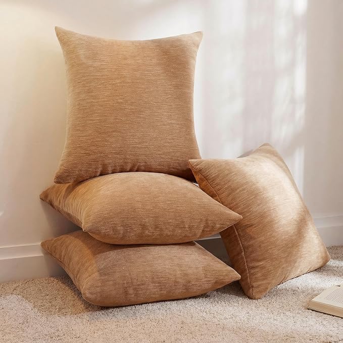Set of 4 Brown Throw Pillow Covers 24x24 Inch, Neutral Boho Farmhouse Aesthetic Decorative Pillow Cases for Couch, Sofa, Living Room & Bed, Soft Chenille Pillow Cases, Stylish Home Decor, 60x60 cm