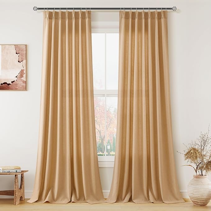 Aersas Camel Linen Pinch Pleated Curtains 90 Inches Long 2 Panels Set Pleat Semi Sheer Modern Farmhouse Drapes Flax Texture Fabric Window Treatments with Hooks for Bedroom, 40 Inch x 90 Inch