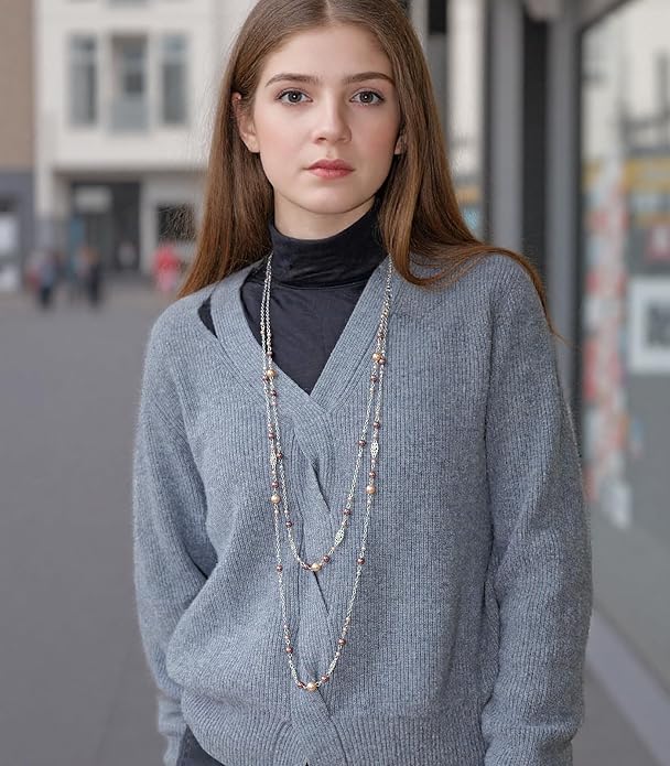 Long Beaded Silver Necklaces for Women Layered Long Statement Necklace with Stone Pearl Beads Double Sweater Chain Costume Jewelry for Women
