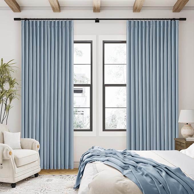 Dusty Blue Pinch Pleated 100% Blackout Linen Curtains 84 Inch Long 2 Panels | Room Darkening Black Out Window Curtains with Liner, Light Blue, for Living Room Bedroom, Pleat Back Tab with Hooks Rings