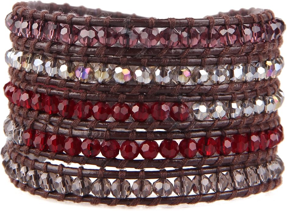 KELITCH Pearl Crystal Beads Bracelets Handmade Natural Leather 5 Wrap Bracelet for Women Classic Bangle Jewelry