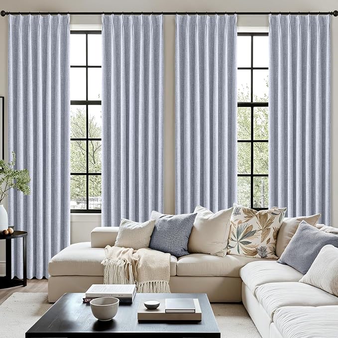 MIULEE Chambray Blue Pinch Pleated 100% Blackout Linen Curtains 96 Inch Length 2 Panels Set, Black Out Memory Trained Pleat Curtains Light Blocking Room Darkening Drapes for Bedroom Living Room Window