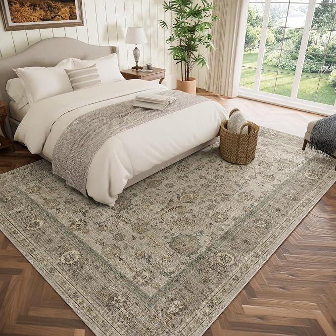 Boho Washable 8x10 Area Rugs for Living Room, Cushioned, Flaxen/Tan | Vintage Non-slip Neutral Oriental Rugs for Bedroom Dining Room Nursery Office High Traffic Area