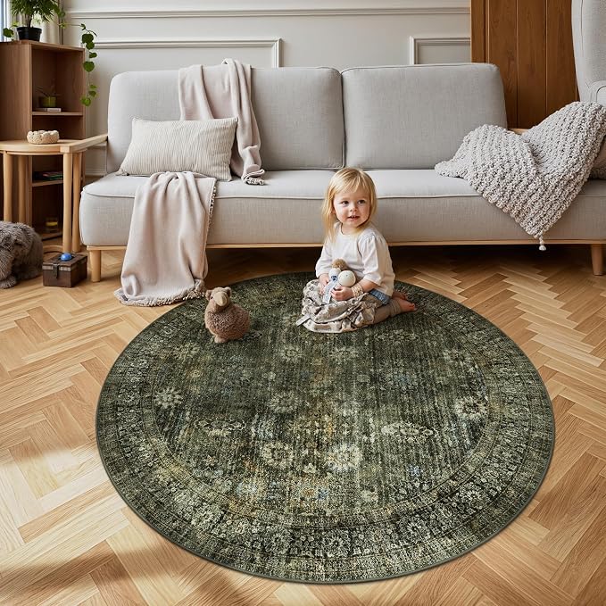 Moynesa Ultra-Thin Washable 5ft Round Rug - Teal 5x5 Circle Rugs for Living Room, Vintage Dining Room Mat Stain Resistant Nursery Carpet for Bedroom Mudroom Kitchen Apartment Home Office