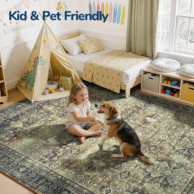 Lessymo Washable Area Rug for Living Room,8x10 Dark Brow Large Rugs with Non-Slip Backing,Soft Boho Carpets for Bedroom Dining Room Nursery Home Office