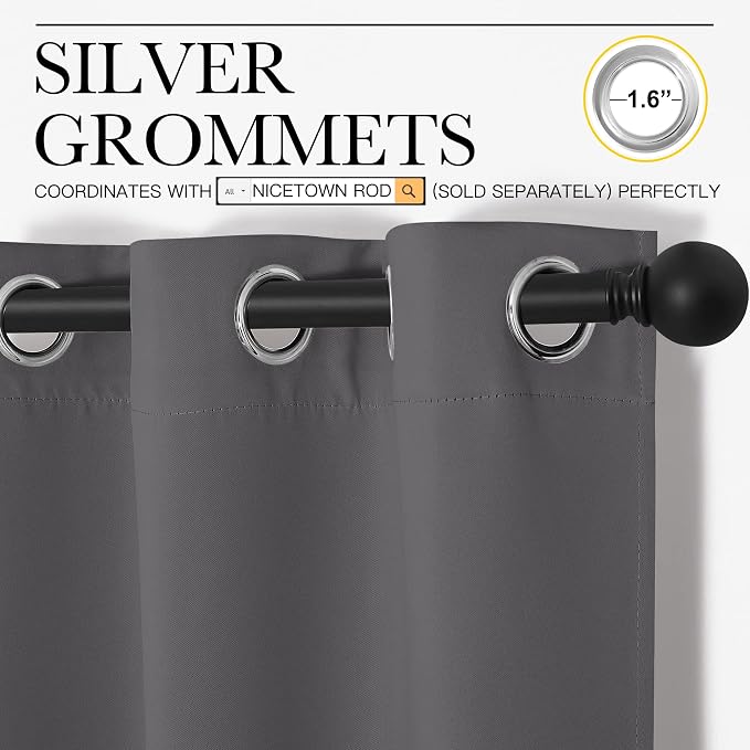 NICETOWN Grey Blackout Curtain Panels for Bedroom, 2 Panels, W29 x L40 inches, Grey, Thermal Insulated Grommet Top Blackout Kitchen Draperies and Drapes