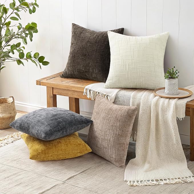 decorUhome Textured Chenille Throw Pillow Covers 24x24 Set of 2 Dark Grey | Fall Modern Farmhouse Soft Cozy Slubby Couch Pillow Cases Boho Decorative Pillow Cases for Bed Sofa Living Room Home Decor