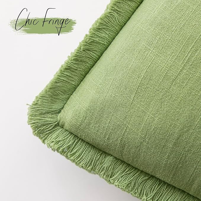 Foindtower Set of 2 Decorative Linen Fringe Throw Pillow Covers Cozy Boho Farmhouse Cushion Cover with Tassels Soft Accent Pillowcase for Couch Sofa Bed Living Room Home Decor,22×22 Inch,Lime Green