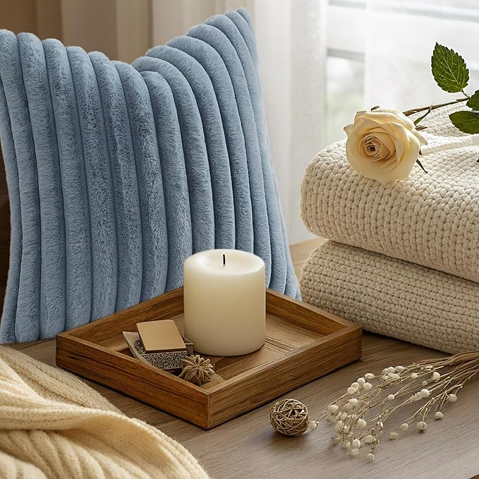decorUhome Fall Faux Fur Throw Pillow Covers 22x22 Set of 2 Grey Blue | Decorative Soft Cozy Striped Plush Modern Farmhouse Boho Couch Pillow Cases Velvet Back for Sofa Bed Living Room Home Decor