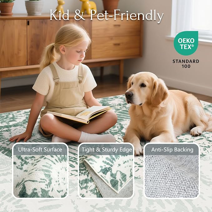 BLISSA Washable 3x5 Entryway Rug - Ultra Thin Fresh Green White Modern Non-Slip Small Front Door Mat Indoor Entrance Soft Geometric Boho Neutral Abstract Area Rugs for Bedroom Kitchen Mudroom Foyer
