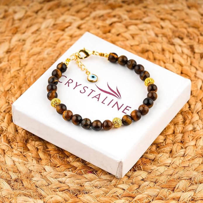 AAA Grade Natural Gemstone Beaded Bracelet, 14K Gold Plated with Evil Charm, Wicca & Reiki Healing Crystals, Handmade Bohemian Jewelry, Christmas Gift for Women (7+1inch)