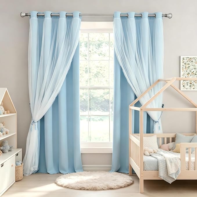 Blackout and Sheer Curtains Set- Mix & Match Window Treatments Light Blocking Drapes 2 Layers Decor with Tie-Backs for Kids/Girl's Bedroom, Living Room, 52 by 96 in, Light Blue, 2 PCS