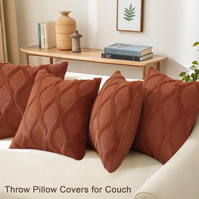 decorUhome Set of 4 Faux Fur Rust Throw Pillow Covers 18x18 | Neutral Decorative Soft Plush Couch Pillow Covers, Farmhouse Pillow Cases for Living Room Bed Sofa