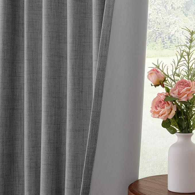 INOVADAY 100% Blackout Curtains for Bedroom, Dark Grey Black Out Curtains 80 Inch Long, Clip Rings Linen Blackout Drapes, Thermal Insulated Room Darkening for Living Room, 2 Panels - W50xL80