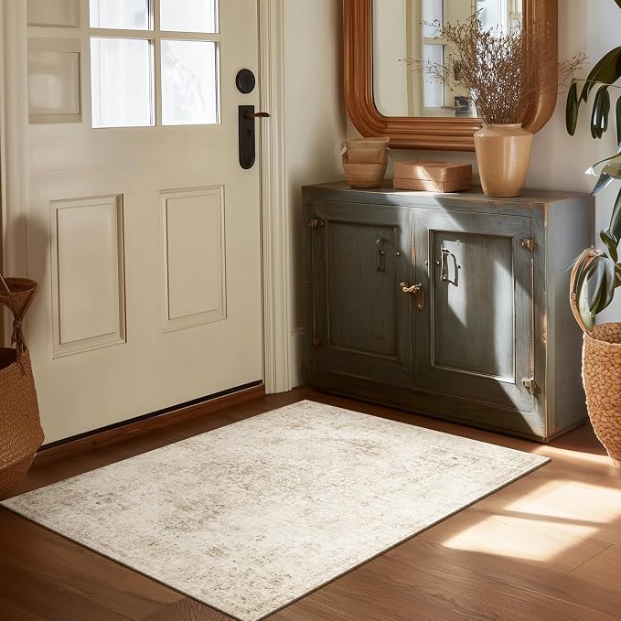 Machine Washable Area Rugs for Entryway: Door Mat Indoor Entrance 2x3 Boho Rug Vintage Distress Non-Slip Low Pile Soft Throw Carpet for High-Traffic Areas Kitchen, Hallway, Farmhouse Decor