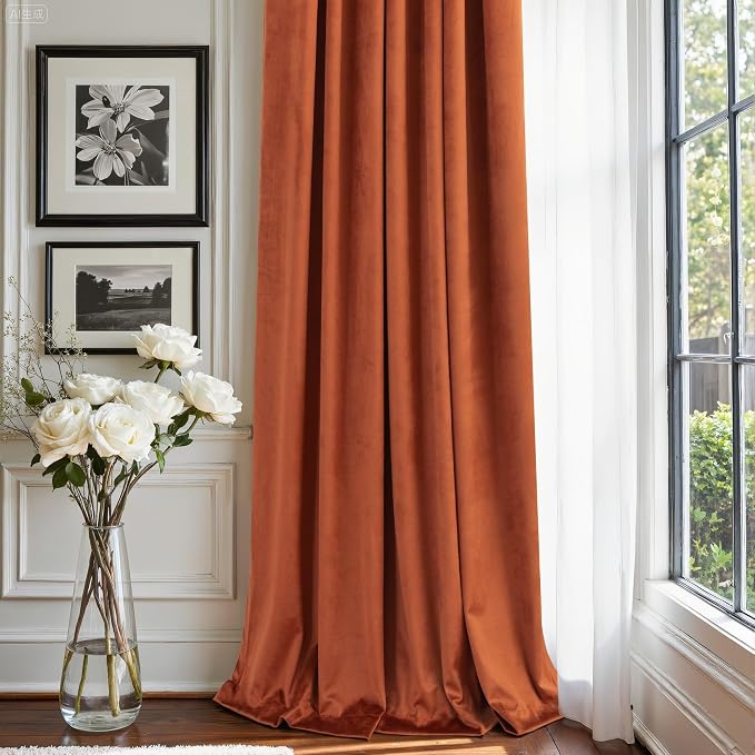 Rust Colored Terracotta Boho Plush Velvet Curtains 108 Inches Long 2 Panels for Living Room Darkening Back Tab Pocket Thermal Insulated Elegant Blackout Curtains Ceiling to Floor Length for Patio Door