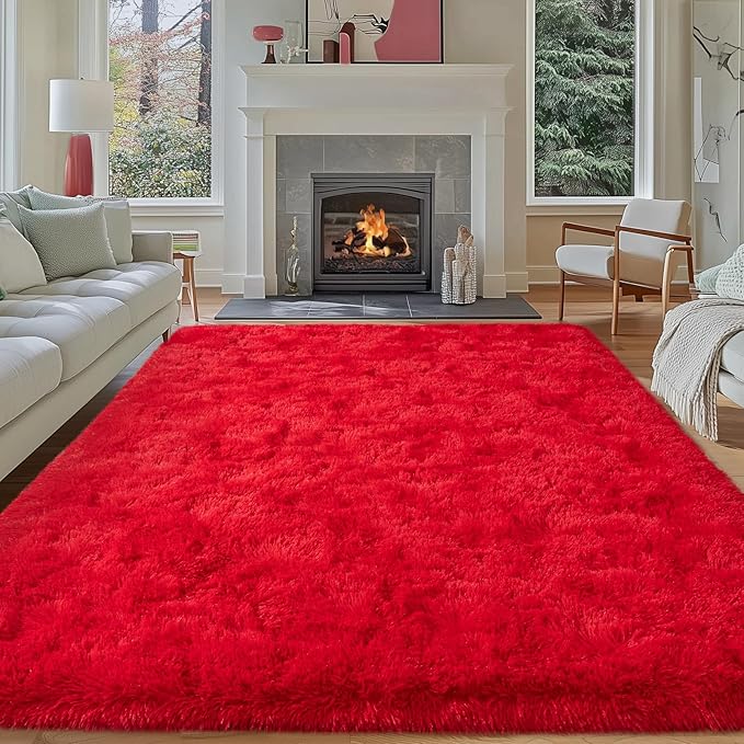 Dssimo Red Fluffy Rugs for Living Room Bedroom, 8x10 Shaggy Area Rug | Large Upgrade Non-Slip Burgundy Rug for Kids,Girls Boys and Teens Deco Christmas Aesthetic for Dorm Nursery Classroom