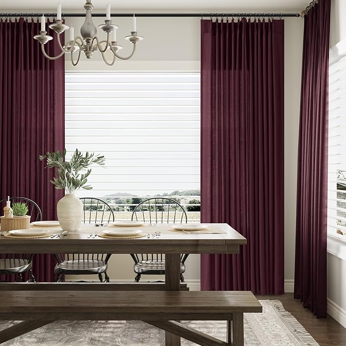 Aersas Burgundy Pinch Pleated Linen Curtains 72 Inch Length 2 Panels for Living Room Bedroom Semi Sheer Window Curtain Boho Neutral Back Tab Pinch Pleat Drape with Hooks 40x72