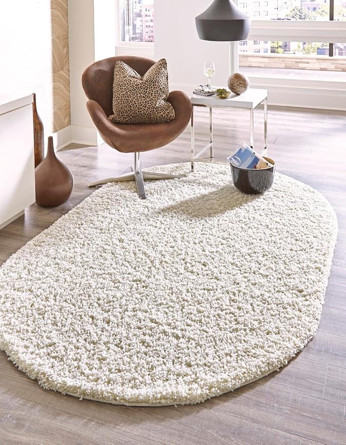 Unique Loom Solid Shag Collection Area Rug (3' 1" x 5' 3" Oval, Pure Ivory) | Modern Solid rug, stain and water resistant, doesn't shed, easy to clean, kid and pet friendly. Ideal for the dining room.