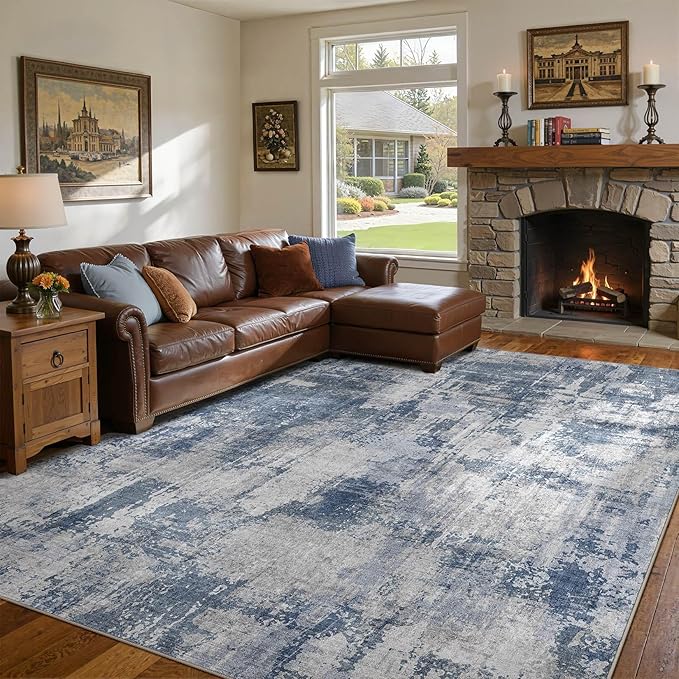 DMOYEST 10x12 Area Rug for Living Room, Washable & Non Slip Large Indoor Carpet, Kid & Pet Friendly Soft Thin Low Pile Abstract Rug for Bedroom and Office - Dark Blue