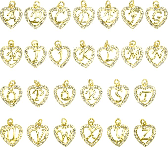 26pcs Heart-Shaped Initial Charms 18K Gold Plated Brass Cubic Zirconia A-Z Alphabet Letter Pendants for Making Jewelry Name Necklace Bracelets Gift Craft