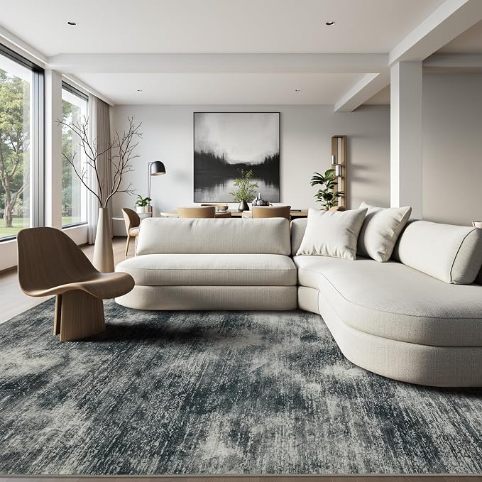 Joydeco 5x7 Area Rugs for Living Room, Non-Slip Modern Abstract Soft Washable Rug, Low Pile Carpet for Bedroom, Dining Room, Home Office, Pet & Child Friendly, Light Gray & White & Dark Gray