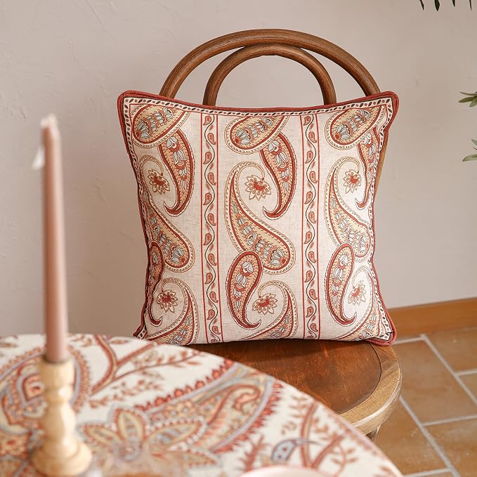 ISAENNE Vintage Linen Throw Pillow Cover,Set of 2,18"x18"-Chauffrey B | Designer Elegant Square Pillow Cover,Concealed Zipper Design,Cashew Pattern,Sofa,Bedroom,Living Room,Lounge Chairs