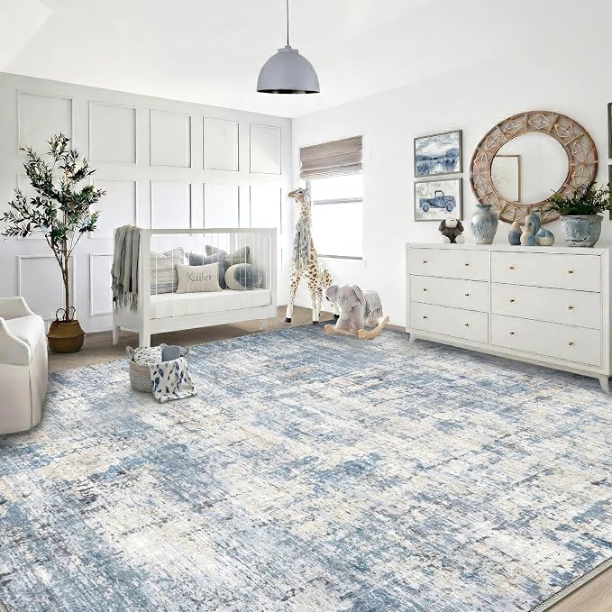 10x12 Area Rugs Washable Living Room Rug-No Slip Soft Carpets Modern Abstract Coastal Indoor Floor Stain Resistant Large Carpet for Bedroom Dining Room Farmhouse Nursery Home Office Blue