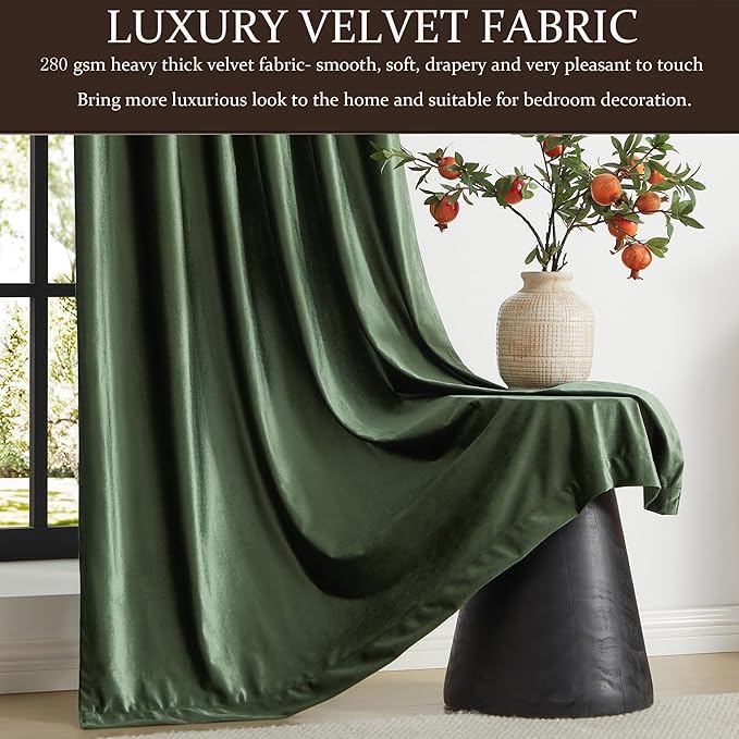 100% Full Blackout Olive Green Velvet Curtains 90 inch Long for Living Room,Set of 2 Liner Rod Pocket Back Tab Thermal Window Curtains Room Darkening Heavy Decorative Curtains Drapes for Bedroom