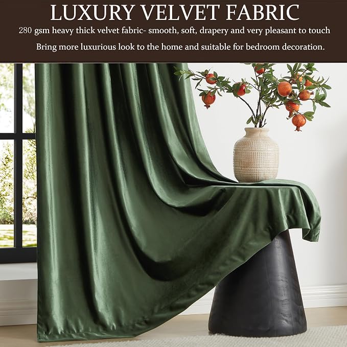 100% Full Blackout Olive Green Velvet Curtains 120 inch Long for Living Room,Set of 2 Liner Rod Pocket Back Tab Thermal Window Curtains Room Darkening Heavy Decorative Curtains Drapes for Bedroom