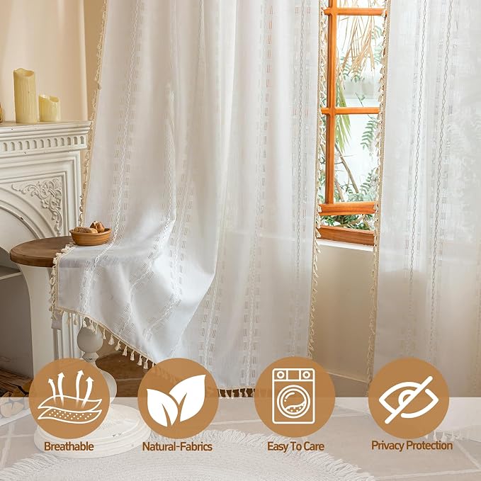 90 Inches Boho Curtains for Livingroom bedroom, Bohemian Semi Sheer Drapes, Farmhouse Privacy Tassels Vintage Chic Drape Embroidery Window Treatment Decor,Back Tab & Rod pocket Ivory White，2 Panels