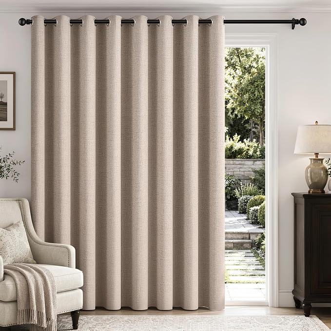MIULEE Extra Wide 100% Blackout Curtains for Sliding Glass Doors Linen Textured W100 x L96 inch Panel Beige Thermal Insulated Grommet Room Darkening Drapes for Patio Living Room Bedroom, 1 Panel Set