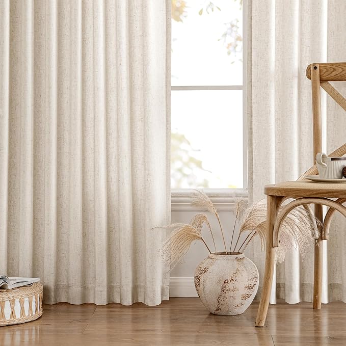 MIULEE Non-See-Through Privacy Linen Curtains 52W x 96L Inch Birch | 2 Panels, Light Filtering, Semi Sheer Window Curtains, Farmhouse Textured, Back Tab Drapes for Bedroom Living Room