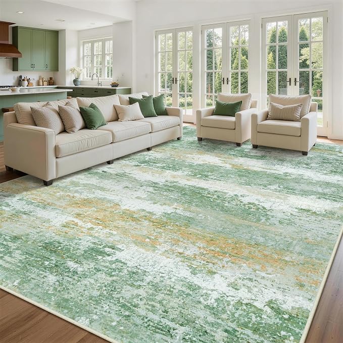10x14 Area Rugs for Living Room Rug Washable: Abstract Large Rug Indoor Modern Carpet Non Slip for Dining Room Bedroom Nursery Home Office Green