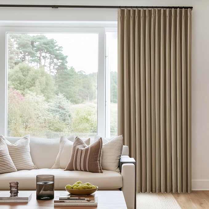 Light Brown Pinch Pleated Full Blackout Curtains Linen Blend 80 Inches Long | Room Darkening Window Curtains, for Living Room Bedroom, Thermal Insulated, Back Tab Pinch Pleat with Hooks Rings, 2 Panels