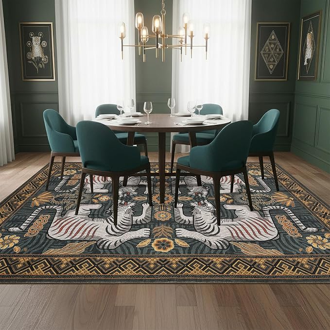 GarveeHome Tiger Print 6x9 Area Rugs, Boho Blue Washable Rugs for Living Room, Vintage Tribal Soft Animal Throw Rug Non Slip Ultra Thin Stain Resistant Floor Carpet for Bedroom Dining Room