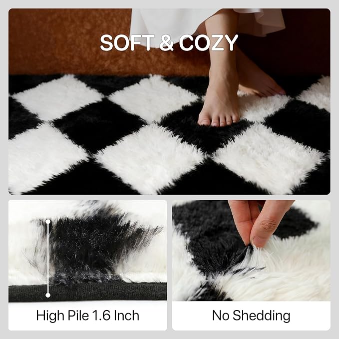 GENIMO Checkered Rug 6x9 Area Rugs for Kids Bedroom Soft Shag Rug Fluffy Fuzzy Carpet Plush Rugs for Living Room Nursery Playroom Dorm Modern Home Decor Aesthetic, Black and White