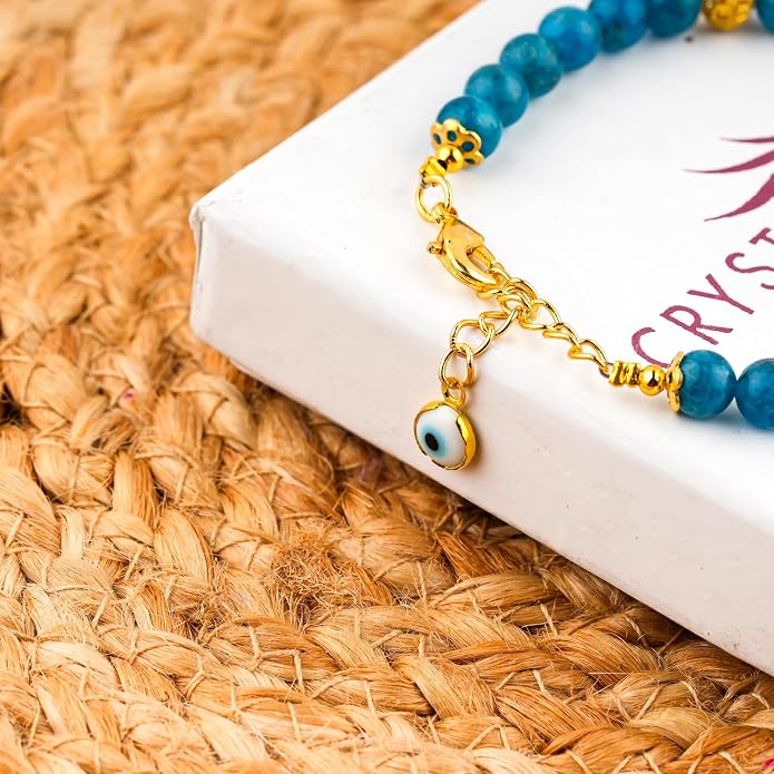 AAA Grade Natural Gemstone Beaded Bracelet, 14K Gold Plated with Evil Charm, Wicca & Reiki Healing Crystals, Handmade Bohemian Jewelry, Christmas Gift for Women (7+1inch)