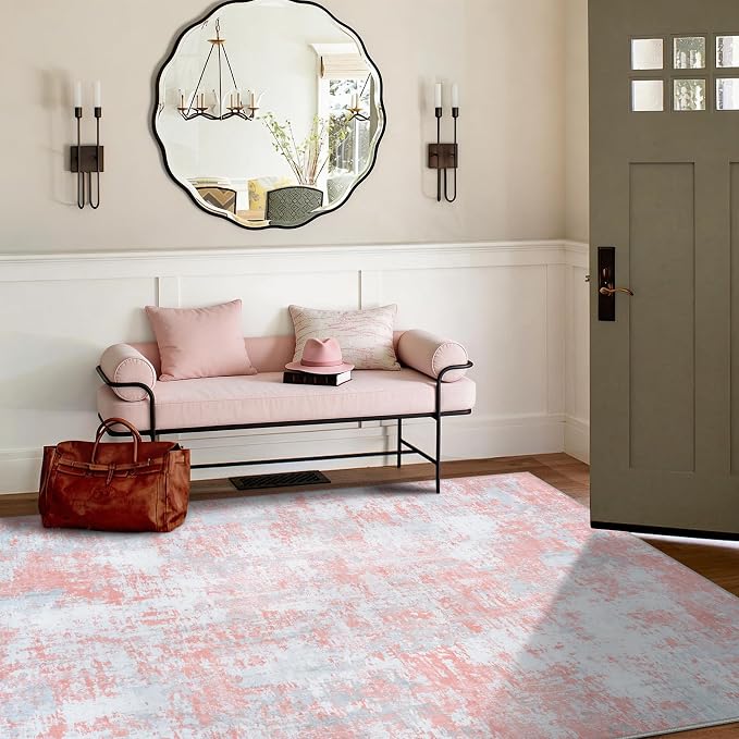 Pink Rug Carpet 5x7 Area Rugs for Bedroom Girls: Washable Modern Rug for Living Room Dining Room Non Slip Low Pile 5 by 7 Indoor Abstract Home Office