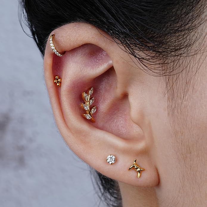 FINE4U 1PC Leaf Flat Back Stud Flat, Helix, Conch, Tragus 6mm 8mm - ASTM F136 Titanium Screw on Body Piercing Jewelry