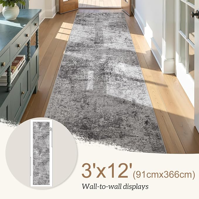 DMOYEST Washable Runner Rug for Hallway: 3x12 Neutral Modern Abstract Low Pile Area Rug with Non-Slip Backing - Carpet for Bedroom Kitchen Laundry Entryway Bathroom Indoor - Grey