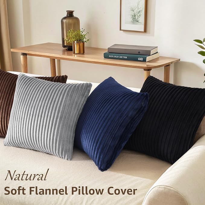 decorUhome Flannel Neutral Grey Throw Pillow Covers 18X18 Set of 4 | Decorative Fall Soft Fluffy Striped Double-Sided Couch Pillow Covers, Modern Farmhouse Pillow Cases for Sofa bed Home Decor