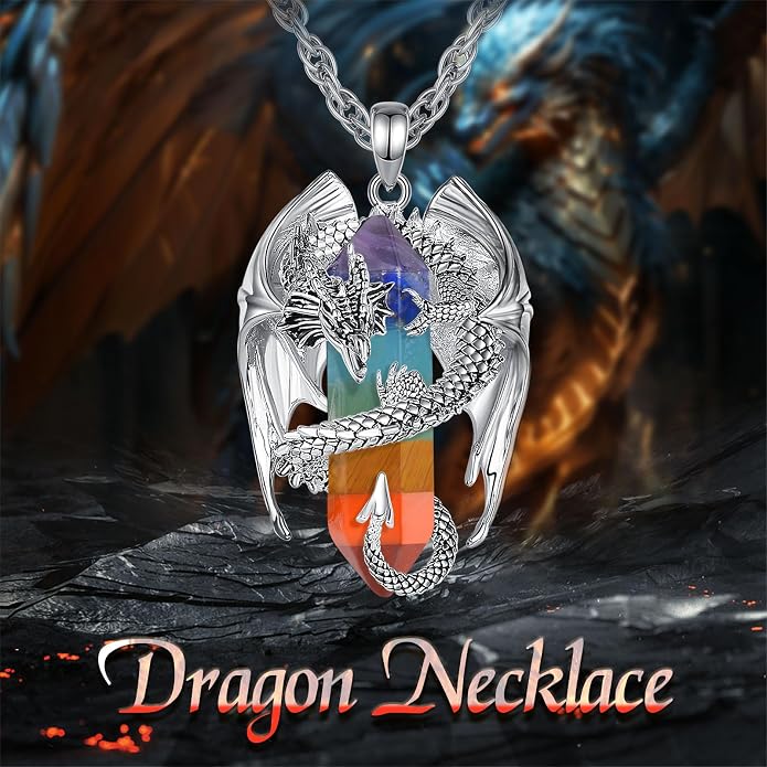 INFUSEU Unique Dragon Necklaces with Healing Crystal Stone for Men Women, Personalized Spiritual Gifts, 24 Inch Chain