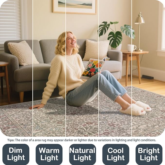 Vintage Moss Living Room Rug, 9x12 Washable Area Rugs for Dining Room Under Table, Soft Low Pile Large Carpet Bedroom, Non-Slip Boho Floral (9 x 12 Moss)