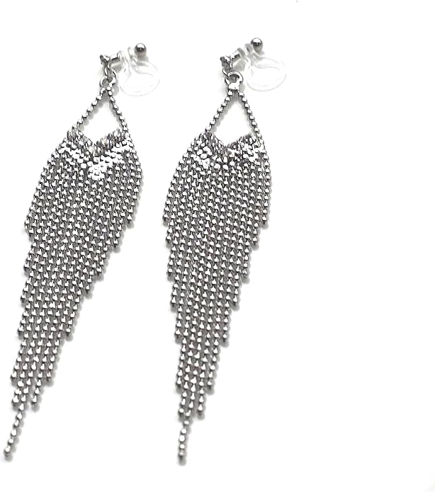 Dangle Silver Invisible Clip On Earrings for Women Not Pierced Gold Crystal Rhinestone Comfortable Hoop Fringe Long Chain Clip On Earrings