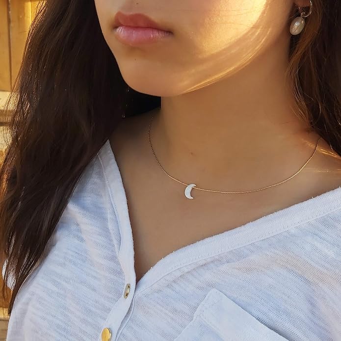 AVNIS White Opal Moon Necklace Crescent Moon Choker Jewelry, Dainty Box chain Length 16+2 Inches extender Gift for Girl Women