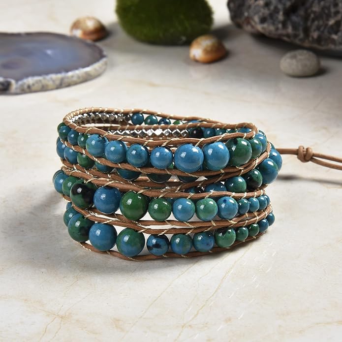 MGR MY GEMS ROCK! 35-Inch Long Multi-Layer Hand Crafted Gemstone and Crystal Multi-Stone Beaded on Genuine Leather Boho Style Stackable Super Wrap Bracelet, up to 5 Wraps.